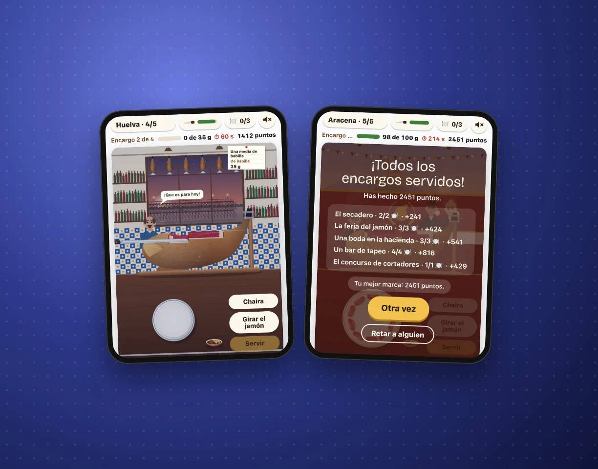 Dos pantallas del juego: un bar de Huelva con el Muelle del Tinto al fondo y la pantalla final con la puntuación.