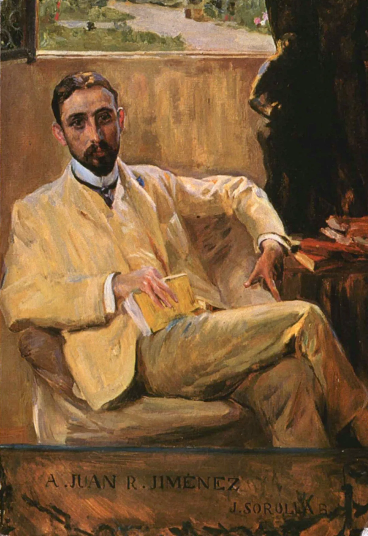 Retrato al óleo de Juan Ramón Jiménez joven, con barba y traje claro, sentado en un sillón con un libro en la mano, pintado por Joaquín Sorolla