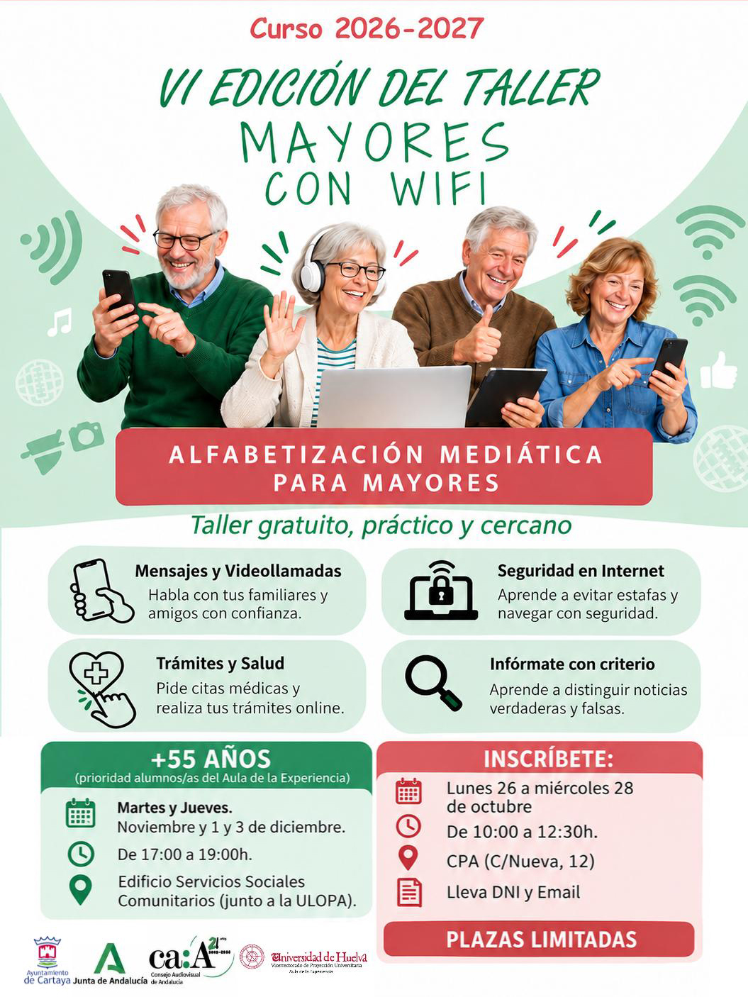 Cartel del taller gratuito 'Mayores con Wifi' con cuatro personas mayores sonriendo con móvil, portátil y tableta, e iconos de wifi.