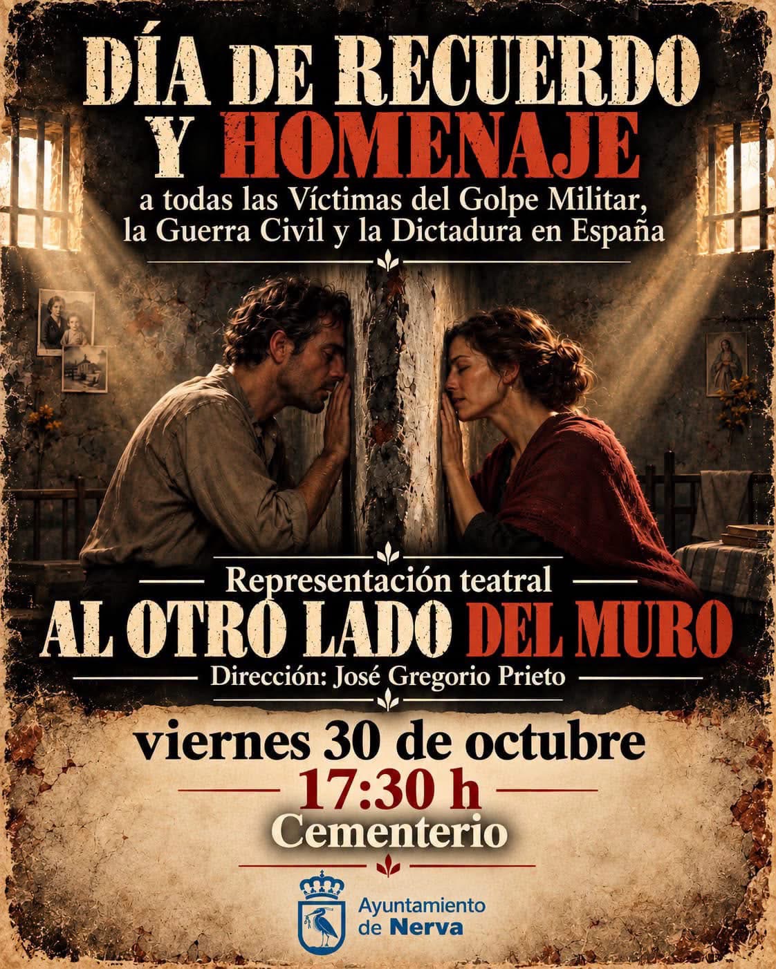 Cartel de una obra teatral con un hombre y una mujer apoyados en un muro, separados por este.
