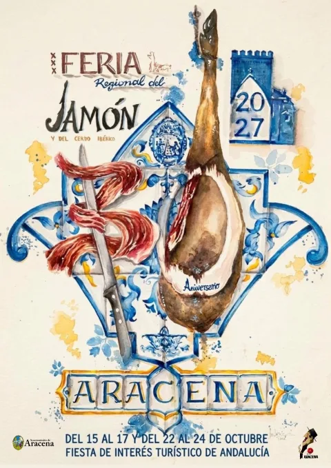 Cartel ilustrado con un jamón y lonchas sobre azulejos azules, el texto Feria Regional del Jamón y Aracena.