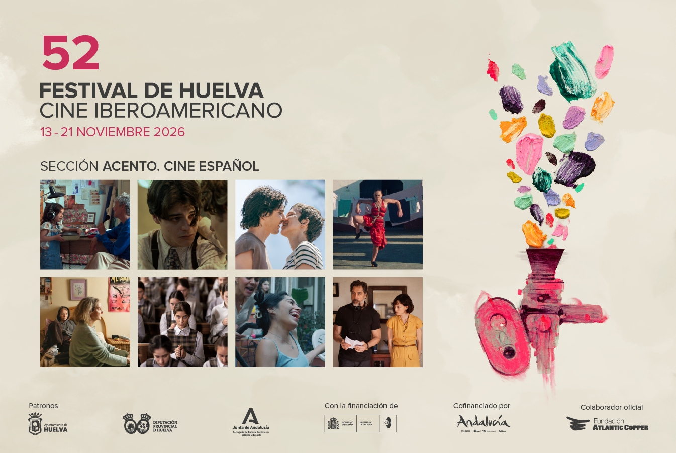 Cartel del 52 Festival de Huelva con el texto de la Sección Acento, ocho fotogramas de películas y un proyector con manchas de color.