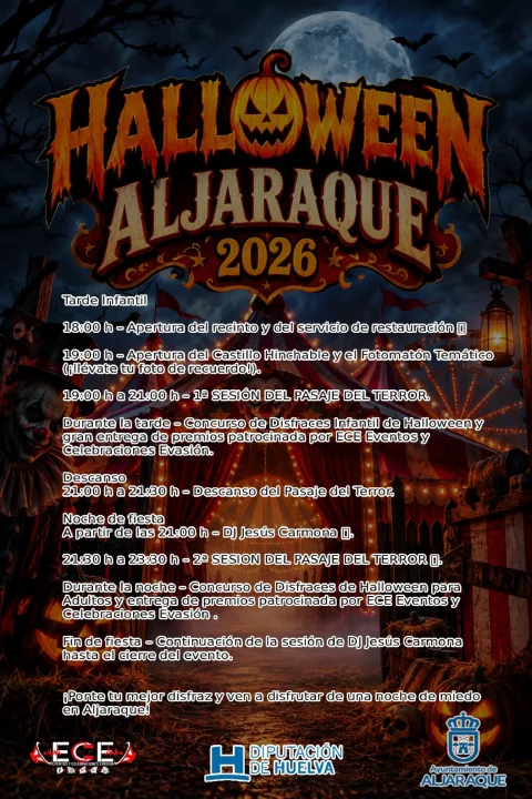 Cartel de Halloween en Aljaraque 2026 con calabaza, luna llena, murciélagos y un programa de actividades.