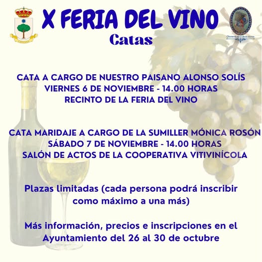 Cartel de la X Feria del Vino con dos catas, una el viernes 6 y otra el sábado 7 de noviembre, sobre fondo de botella, copa y racimo de uvas.