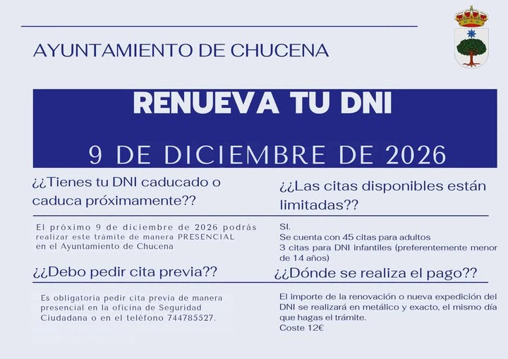 Cartel del Ayuntamiento de Chucena que anuncia la renovación del DNI el 9 de diciembre de 2026.